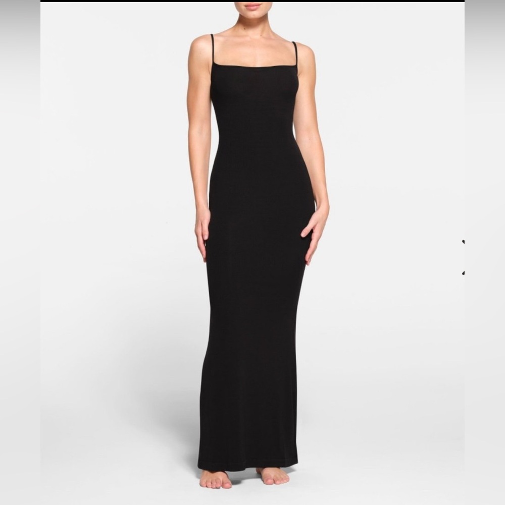 SKIMS Soft Lounge Ribbed Onyx Black Stretch Modal Long Slip Maxi Dress